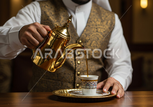 Authentic customs and traditions in serving Arabic coffee, close-up of a Saudi Arabian Gulf man wearing the traditional thobe with a golden men's vest pouring coffee from a copper coffee pot, the concept of hospitality and good reception in the Kingdom of Saudi Arabia, a local Saudi national product
