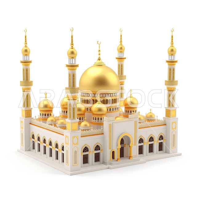 الاعياد والمناسبات الدينية، مجسم ثلاثي الابعاد لمسجد على الطراز الاسلامي، تصاميم وديكورات وزينة اسلامية دينية فاخرة، العبادة والتقرب الى الله في شهر رمضان المبارك، أجواء رمضانية روحانية، بطاقة تهنئة المسلمين بقدوم العيد، خلفية بيضاء
