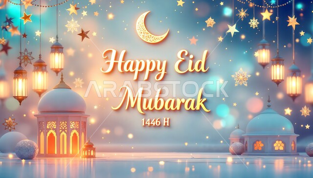 تهنئات ومباركات بالمناسبات والأعياد الدينية الاسلامية, بطاقة مباركة مزخرفه القبب والمآذن وهلال الشهر, مخطوطة  عيد مبارك سعيد باللغة الانجليزية مزينة بالفوانيس المضيئة,  اجواء رمضانية روحانية، بطاقة تهنئة المسلمين بقدوم المناسبة الدينية