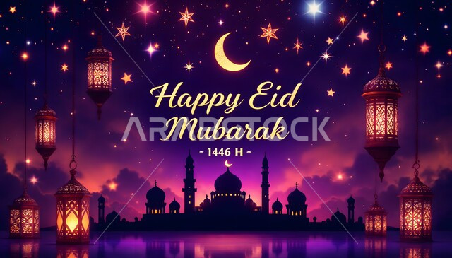 تهنئات ومباركات بالمناسبات والأعياد الدينية الاسلامية, بطاقة مباركة مزخرفه القبب والمآذن وهلال الشهر, مخطوطة  عيد مبارك سعيد باللغة الانجليزية مزينة بالفوانيس المضيئة,  اجواء رمضانية روحانية، بطاقة تهنئة المسلمين بقدوم المناسبة الدينية