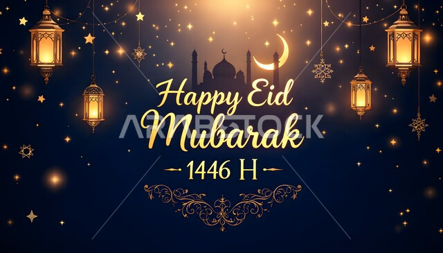 تهنئات ومباركات بالمناسبات والأعياد الدينية الاسلامية, بطاقة مباركة مزخرفه القبب والمآذن وهلال الشهر, مخطوطة  عيد مبارك سعيد باللغة الانجليزية مزينة بالفوانيس المضيئة,  اجواء رمضانية روحانية، بطاقة تهنئة المسلمين بقدوم المناسبة الدينية