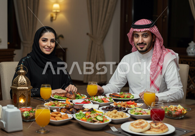 Looking at the camera with gestures of joy and happiness, a Saudi Arabian Gulf man wearing a traditional shemagh and thobe sitting next to his wife around the Iftar table in the holy month of Ramadan, intimacy and love between the spouses, a dining table full of delicious foods and appetizers, Ramadan decor and atmosphere
