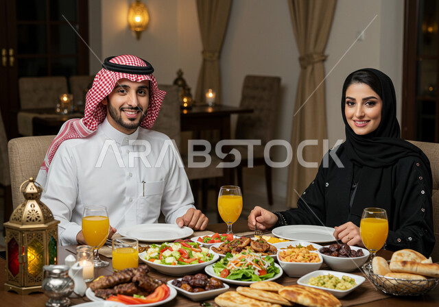 الألفة والمحبة بين الزوجين، مائده طعام مليئه بأصناف المأكولات و المقبلات الشهية، ديكور وأجواء رمضانية، النظر الى الكاميرا بايماءات البهجة والسرور، رجل عربي خليجي سعودي يرتدي الشماغ والثوب التقليدي يجلس بجانب زوجته حول سفرة الإفطار في شهر رمضان المبارك
