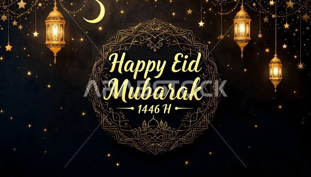 اجواء رمضانية روحانية، تهنئات ومباركات بالمناسبات والأعياد الدينية الاسلامية,  مخطوطة  عيد مبارك سعيد باللغة الانجليزية مزينة بالفوانيس المضيئة والهلال,  بطاقة تهنئة المسلمين بقدوم المناسبة الدينية