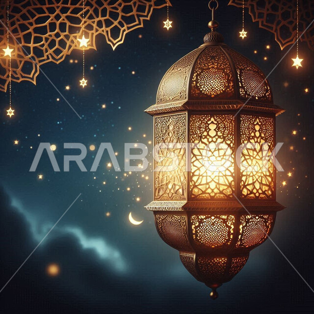 الاستعداد لقدوم رمضان, تحف وزينة الاحتفالات في الشهر الفضيل، المناسبات الدينية والأعياد الإسلامية, استقبال الأجواء الرمضانية الروحانية، فانوس معدني عربي مزخرف ومضيء، مفهوم الاحتفال والفرح