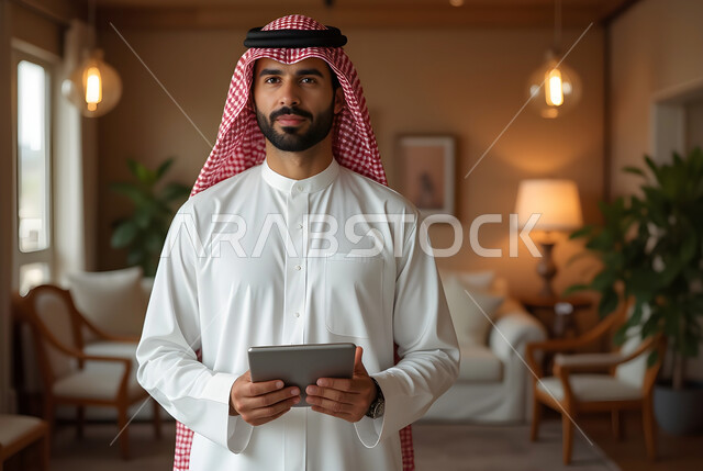 مفهوم إنجاز المشاريع ومهام العمل عن بعد, استخدام الأجهزة التقنية الحديثة، تصفح مواقع التواصل الاجتماعي والتواصل مع الأهل والأصدقاء، صورة مقربة لرجل عربي خليجي سعودي يرتدي الثوب التقليدي والشماغ يمسك الجهاز اللوحي وينظر بإيماءات الثقة