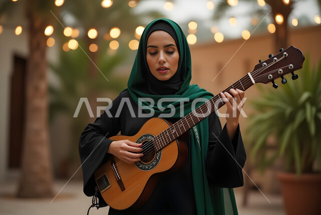  ممارسة هواية العزف على الالات, مواهب وامسيات ثقافيه، عازفة سعودية خليجية عربية ترتدي الحجاب والعباءة السوداء تقوم بالعزف على آلة الجيتار، موهبة فنية موسيقية، تقديم برنامج فني موسيقي مسرحي 