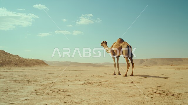 مفهوم تربية الناقة في البادية، حيوان الابل يقف في احدى المناطق الصحراوية في المملكة العربية السعودية، استخدام الحيوانات للتنقل والترحال، الاهتمام والعناية في الثدييات, الرمال الذهبية الناعمة، منظر الغيوم البيضاء في السماء