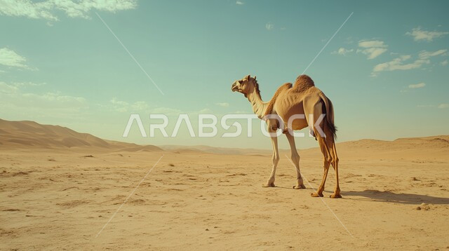 مفهوم تربية الناقة في البادية، حيوان الابل يقف في احدى المناطق الصحراوية في المملكة العربية السعودية، استخدام الحيوانات للتنقل والترحال، الاهتمام والعناية في الثدييات, الرمال الذهبية الناعمة، منظر الغيوم البيضاء في السماء