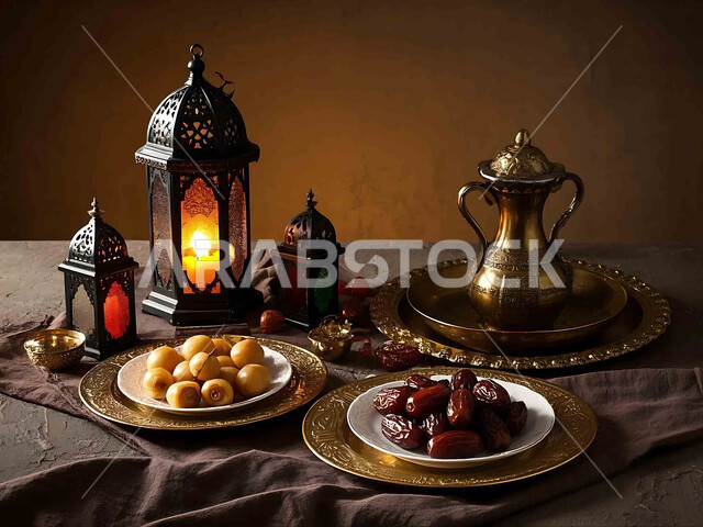 ديكورات وزينة رمضان المبارك, الأجواء الروحانية والاحتفال بالمناسبات والأعياد الدينية الاسلامية، فانوس معدني تقليدي مضيء مع أطباق من التمر في الليل, البهجة بقدوم شهر الخير، تحف واكسسوارت متميزة، ضيافة رمضانية شهية