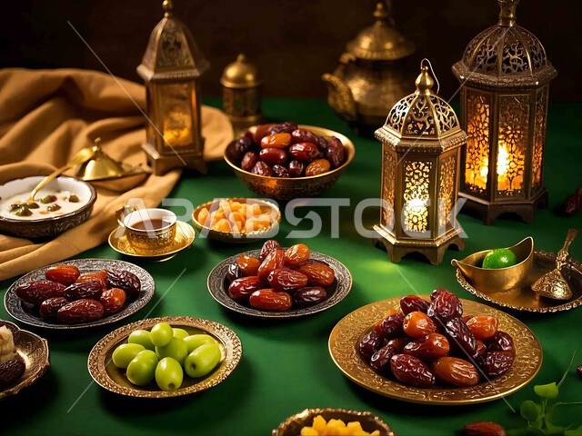 Ramadan decorations and ornaments, spiritual atmosphere and celebration of Islamic religious occasions and holidays, traditional illuminated metal lantern with plates of dates at night, joy at the arrival of the month of goodness, distinctive antiques and accessories, delicious Ramadan hospitality