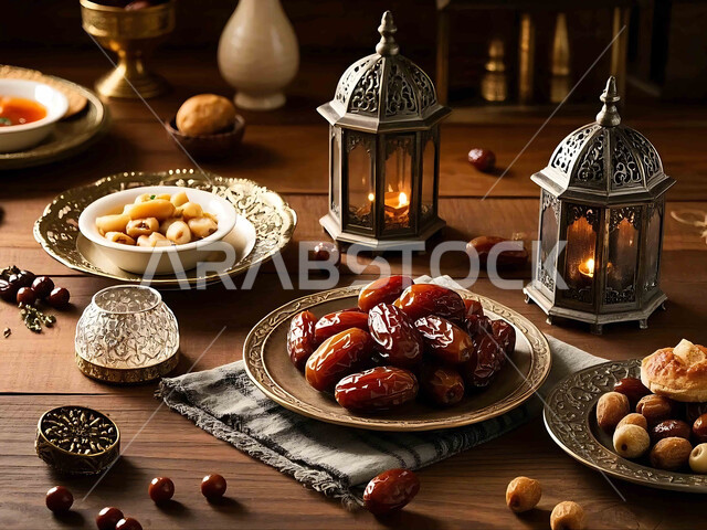 ديكورات وزينة رمضان المبارك, الأجواء الروحانية والاحتفال بالمناسبات والأعياد الدينية الاسلامية، فانوس معدني تقليدي مضيء مع أطباق من التمر في الليل, البهجة بقدوم شهر الخير، تحف واكسسوارت متميزة، ضيافة رمضانية شهية