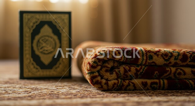 التعبد بتلاوة القران و حفظ و تفسير كلامه، مفهوم الإجتهاد في العباده و الدعاء وطلب المغفرة, كتاب الله نور القلب، صورة مقربة للمصحف الشرف مع سجادة الصلاة، أجواء دينية روحانية, فضل وثواب اقامة الصلاة 