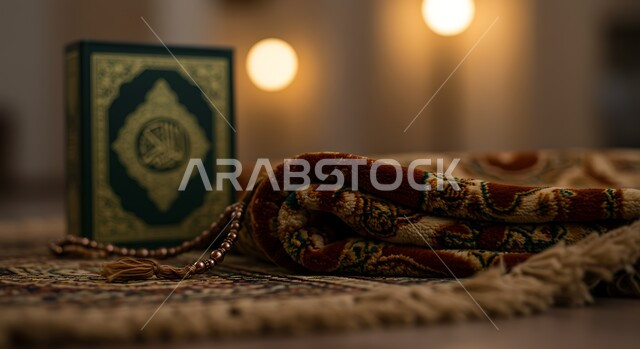 التعبد بتلاوة القران و حفظ و تفسير كلامه، مفهوم الإجتهاد في العباده و الدعاء وطلب المغفرة, كتاب الله نور القلب، صورة مقربة للمصحف الشرف مع سجادة الصلاة، أجواء دينية روحانية, فضل وثواب اقامة الصلاة 