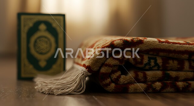 التعبد بتلاوة القران و حفظ و تفسير كلامه، مفهوم الإجتهاد في العباده و الدعاء وطلب المغفرة, كتاب الله نور القلب، صورة مقربة للمصحف الشرف مع سجادة الصلاة، أجواء دينية روحانية, فضل وثواب اقامة الصلاة 