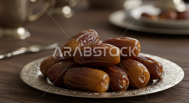 أنواع التمور الفاخرة في السعودية، ضيافة تقليدية لذيذة في المناسبات والأعياد الإسلامية، صورة مقربة لطبق مليء بحبات التمر الصحي من أشجار نخيل المملكة، وجبة ذات قيمة غذائية عالية، ثمار ومحاصيل زراعية محلية وطنية