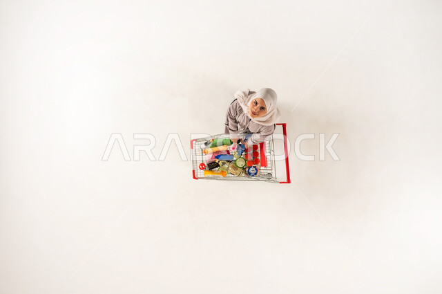 Benefit from discounts, reductions and offers, Saudi woman buying household supplies from shopping malls, vertical top portrait of veiled Gulf Omani Arab woman wearing beige abaya choosing products and putting them in shopping cart in supermarket, white background
