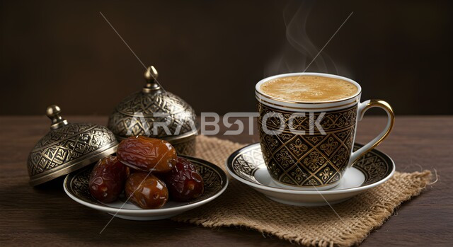 إفطار الصائم في رمضان، غذاء صحي ومفيد، حبات من التمر مع فنجان قهوة ساخن عل طاولة خشبية، وجبة غذائية بسعرات حرارية مفيدة، ضيافة المناسبات والأعياد في المملكة العربية السعودية، منتج ومحصول محلي وطني