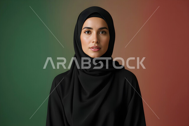 الاهتمام بالأناقة والمظهر الخارجي، بورتريه مقرب لامرأة عربية خليجية سعودية ترتدي الحجاب والعباءة تنظر إلى الكاميرا بإيماءات الثقة بالنفس والجدية، مفهوم الأنوثة والنعومة، خلفية ملونة