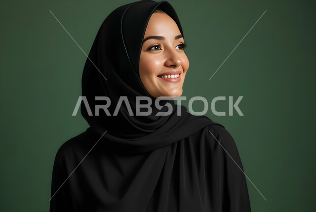 مفهوم الأنوثة والنعومة، الاهتمام بالأناقة والمظهر الخارجي، بورتريه مقرب لامرأة عربية خليجية سعودية مبتسمة ترتدي الحجاب والعباءة تنظر إلى شيء ما بإيماءات السعادة والسرور، خلفية خضراء