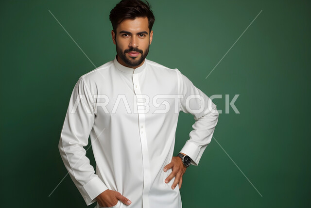 مفهوم الأناقة والرجولة، بورتريه لرجل عربي خليجي سعودي يرتدي الثوب التقليدي ينظر إلى الكاميرا بإيماءات الجدية والثقة بالنفس، الاهتمام بالمظهر الخارجي، خلفية خضراء