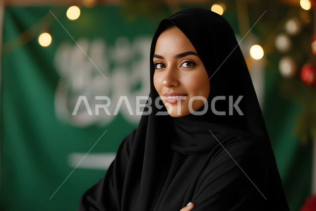 مفهوم الأنوثة والنعومة، الاهتمام بالأناقة والمظهر الخارجي، بورتريه مقرب لامرأة عربية خليجية سعودية مبتسمة ترتدي الحجاب والعباءة تنظر إلى الكاميرا بإيماءات الثقة بالنفس والجدية، خلفية علم المملكة