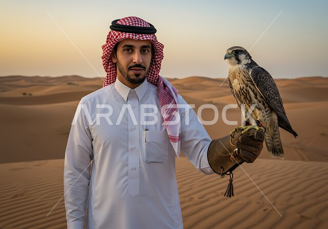 رمز القوة والتحدي وحدة البصر، فعاليات نادي الصقور في موسم الصيد السنوي في المملكة العربية السعودية، الفخر بالتراث العريق في تربية الطيور الجارحة الحرة، رجل عربي خليجي سعودي يرتدي الزي التقليدي يقوم بترويض طائر الصقر في المحميات الطبيعة