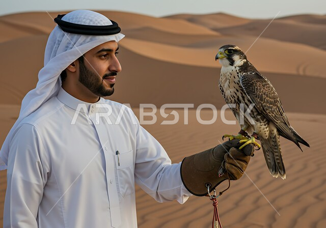 رمز القوة والتحدي وحدة البصر، فعاليات نادي الصقور في موسم الصيد السنوي في المملكة العربية السعودية، الفخر بالتراث العريق في تربية الطيور الجارحة الحرة، رجل عربي خليجي سعودي يرتدي الزي التقليدي يقوم بترويض طائر الصقر في المحميات الطبيعة
