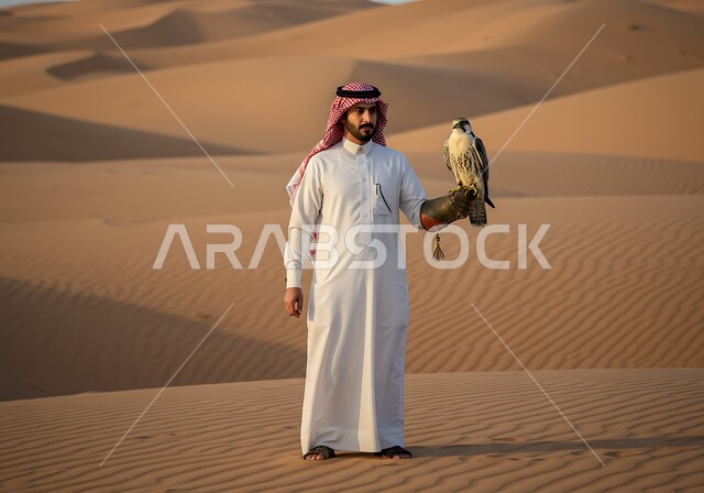 رمز القوة والتحدي وحدة البصر، فعاليات نادي الصقور في موسم الصيد السنوي في المملكة العربية السعودية، الفخر بالتراث العريق في تربية الطيور الجارحة الحرة، رجل عربي خليجي سعودي يرتدي الزي التقليدي يقوم بترويض طائر الصقر في المحميات الطبيعة