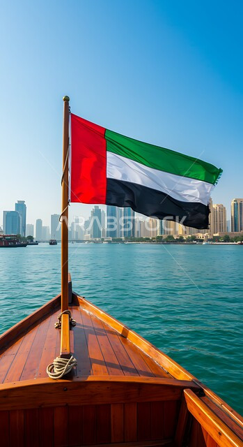 التطور والتقدم العمراني في دبي، التصاميم الهندسية المعمارية على الطراز الحديث والمتطور, الفن الهندسي للمنشآت والمباني في النهار, علم الامارات العربية المتحدة يرفرف على قارب خشبي, أماكن ومعالم ترفيهية سياحية، هوية اليوم الوطني الإماراتي