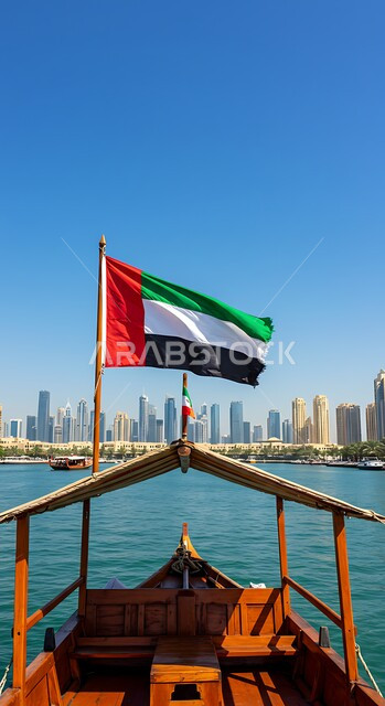 التطور والتقدم العمراني في دبي، التصاميم الهندسية المعمارية على الطراز الحديث والمتطور, الفن الهندسي للمنشآت والمباني في النهار, علم الامارات العربية المتحدة يرفرف على قارب خشبي, أماكن ومعالم ترفيهية سياحية، هوية اليوم الوطني الإماراتي