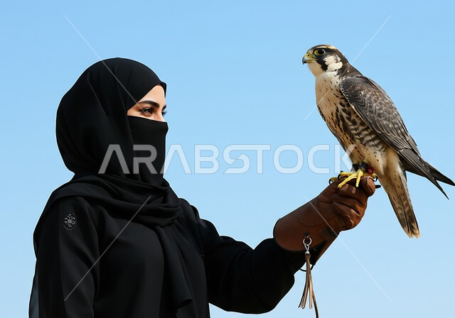 رمز القوة والتحدي وحدة البصر، فعاليات نادي الصقور في موسم الصيد السنوي في المملكة، الفخر بالتراث العربي السعودي العريق في تربية الطيور الجارحة الحرة، سيدة عربية خليجية سعودية ترتدي العباءة والنقاب تقوم بترويض طائر الصقر في المحميات الطبيعة، خلفية السماء الصافية