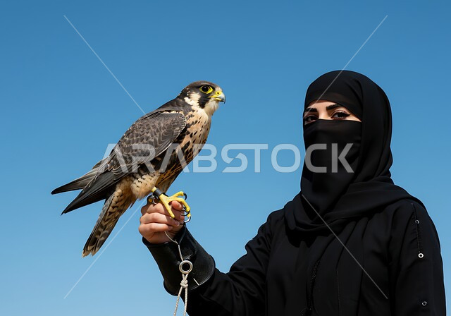 رمز القوة والتحدي وحدة البصر، فعاليات نادي الصقور في موسم الصيد السنوي في المملكة، الفخر بالتراث العربي السعودي العريق في تربية الطيور الجارحة الحرة، سيدة عربية خليجية سعودية ترتدي العباءة والنقاب تقوم بترويض طائر الصقر في المحميات الطبيعة، خلفية السماء الصافية