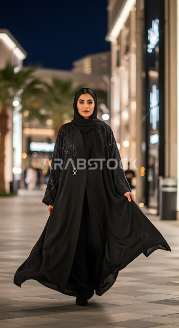 أزياء محجبات عصرية راقية، الأناقة والاهتمام بالمظهر الخارجي، امرأة عربية خليجية سعودية ترتدي الحجاب والعباءة  تقف و تنظر إلى الكاميرا بإيماءات السرور والثقة بالنفس، مفهوم النعومة والأنوثة