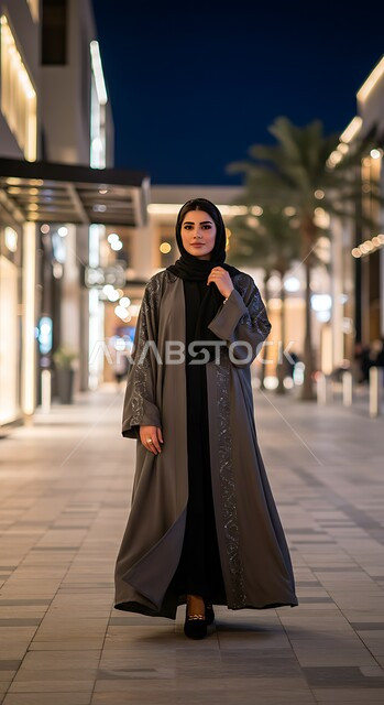أزياء محجبات عصرية راقية، الأناقة والاهتمام بالمظهر الخارجي، امرأة عربية خليجية سعودية ترتدي الحجاب والعباءة  تقف و تنظر إلى الكاميرا بإيماءات السرور والثقة بالنفس، مفهوم النعومة والأنوثة