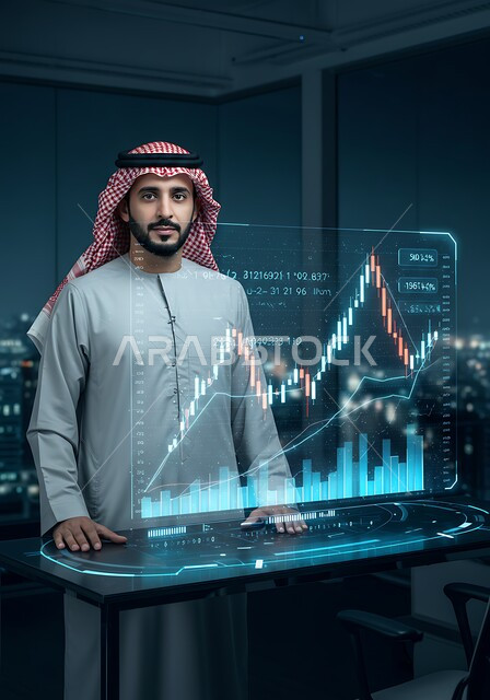 رسوم بيانية إحصائية للبورصة المالية، تطوير الشركات والمشاريع الاقتصادية، رجل عربي خليجي اماراتي يرتدي الثوب التقليدي والشماغ يقف خلف شاشة مضيئة، الأيقونات الهولوجرامية ثلاثية الأبعاد، مفهوم التحول الرقمي، دمج التكنولوجيا المتطورة مع العمل