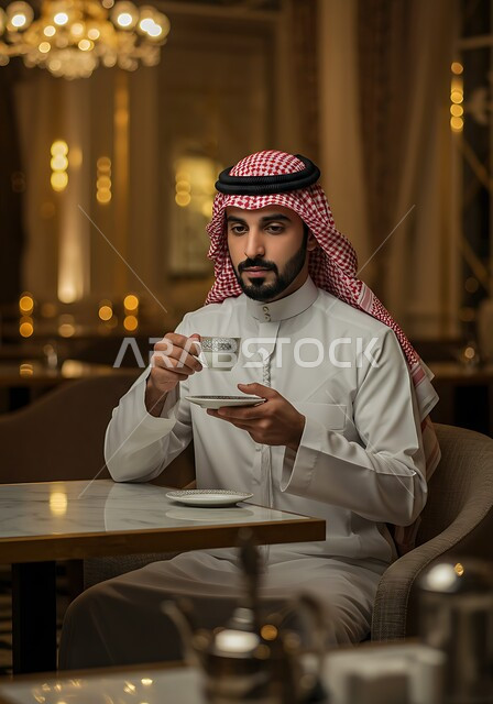احتساء المشروب المفضل, الجلوس والاستمتاع بالمشروبات الساخنة,  رجل عربي خليجي سعودي يرتدي الثوب التقليدي يجلس على كرسي مريح يقوم بشرب القهوة، قضاء  وقت ممتع في مطعم فاخر في المملكة العربية السعودية