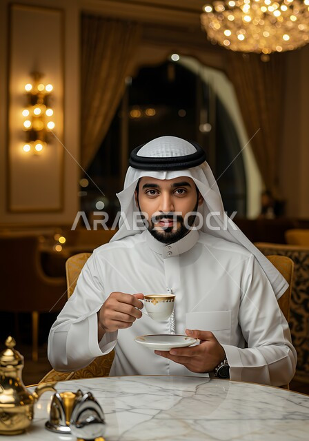 احتساء المشروب المفضل, الجلوس والاستمتاع بالمشروبات الساخنة,  رجل عربي خليجي سعودي يرتدي الثوب التقليدي يجلس على كرسي مريح يقوم بشرب القهوة، قضاء  وقت ممتع في مطعم فاخر في المملكة العربية السعودية
