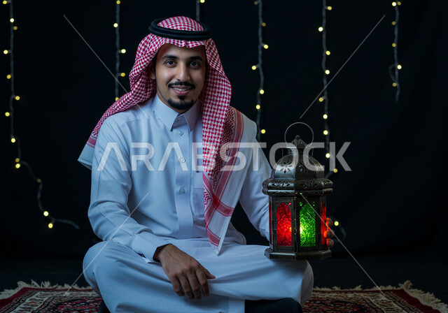 Celebrating the arrival of the month of goodness, preparing and getting ready to receive the holy month of Ramadan, a smiling Saudi Arabian Gulf man wearing a traditional shemagh and thobe holding a decorated illuminated metal lantern sitting on the carpet, holiday and occasion decorations and lights