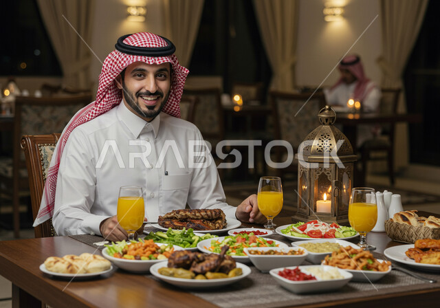 سفرة رمضانية مليئة بأصناف الطعام والمقبلات الشهية والمشروبات الباردة، النظر الى الكاميرا بتعابير السرور والسعادة بقدوم شهر رمضان المبارك، صورة مقربة لرجل عربي خليجي سعودي مبتسم يرتدي الشماغ والثوب التقليدي يجلس حول مائدة الافطار عند اذان المغرب