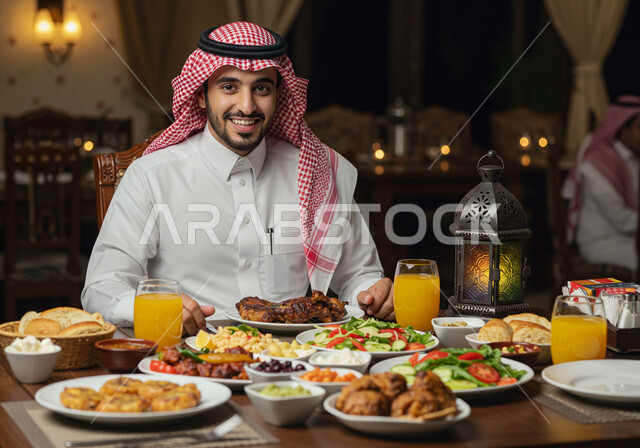 النظر الى الكاميرا بتعابير السرور والسعادة بقدوم شهر رمضان المبارك، صورة مقربة لرجل عربي خليجي سعودي مبتسم يرتدي الشماغ والثوب التقليدي يجلس حول مائدة الافطار عند اذان المغرب، سفرة رمضانية مليئة بأصناف الطعام والمقبلات الشهية والمشروبات الباردة