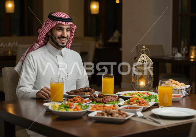 سفرة رمضانية مليئة بأصناف الطعام والمقبلات الشهية والمشروبات الباردة، النظر الى الكاميرا بتعابير السرور والسعادة بقدوم شهر رمضان المبارك، صورة مقربة لرجل عربي خليجي سعودي مبتسم يرتدي الشماغ والثوب التقليدي يجلس حول مائدة الافطار عند اذان المغرب