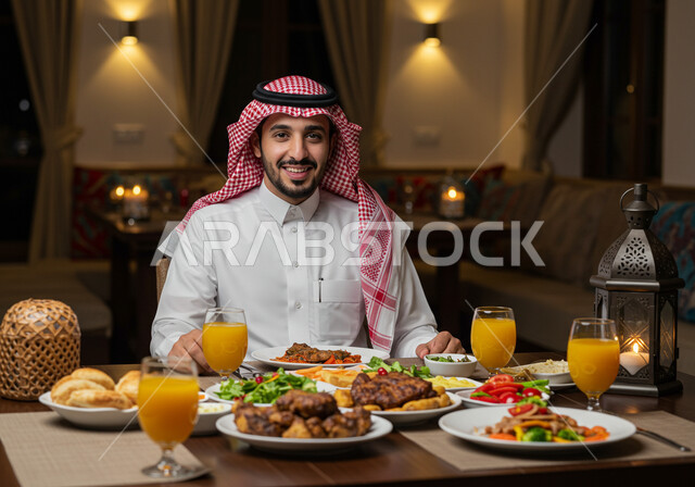 النظر الى الكاميرا بتعابير السرور والسعادة بقدوم شهر رمضان المبارك، صورة مقربة لرجل عربي خليجي سعودي مبتسم يرتدي الشماغ والثوب التقليدي يجلس حول مائدة الافطار عند اذان المغرب، سفرة رمضانية مليئة بأصناف الطعام والمقبلات الشهية والمشروبات الباردة