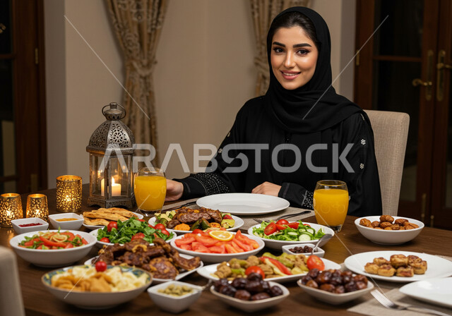 مائدة رمضانية مليئة بأصناف الطعام والمقبلات الشهية والمشروبات الباردة، النظر الى الكاميرا بتعابير السرور والسعادة بقدوم شهر رمضان المبارك، صورة مقربة لإمرأة عربية خليجية سعودية مبتسمة ترتدي الحجاب والعباءة تجلس حول سفرة الفطور الرمضاني عند اذان المغرب
