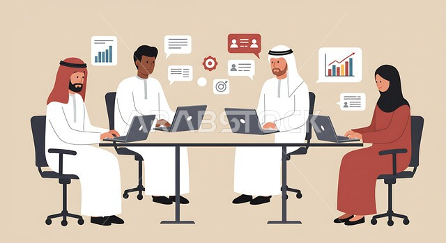 Using advanced modern technology, illustrations of a Gulf Arab Saudi Arabian team sitting in the office working on a laptop, project analysis and strategy planning, beige background