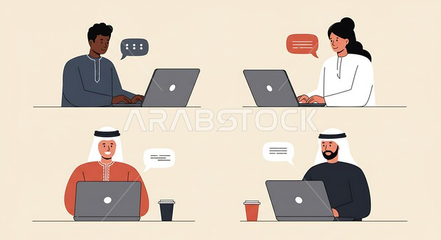 Project analysis and strategy planning, using modern advanced technology, illustrations of a Gulf Arab Saudi team working on a laptop, quiet and comfortable work environment, beige background