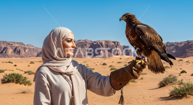 التضاريس والجبال الصخرية، الفخر بالتراث العربي السعودي في تربية الطيور الجارحة، سيدة عربية خليجية سعودية ترتدي العباءة والحجاب تقف في الصحراء تحمل طائر الصقر على يدها، الرمال الذهبية الناعمة، رمز القوة والتحدي وحدة البصر