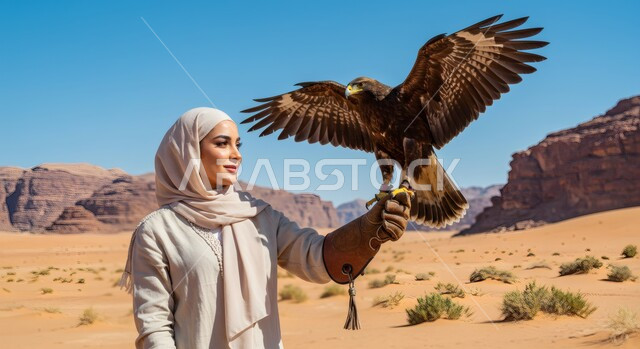 الفخر بالتراث العربي السعودي في تربية الطيور الجارحة، سيدة عربية خليجية سعودية ترتدي العباءة والحجاب تقف في الصحراء تحمل طائر الصقر على يدها، الرمال الذهبية الناعمة، رمز القوة والتحدي وحدة البصر، التضاريس والجبال الصخرية