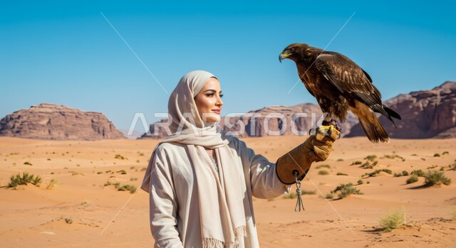 رمز القوة والتحدي وحدة البصر، الفخر بالتراث العربي السعودي في تربية الطيور الجارحة، سيدة عربية خليجية سعودية ترتدي العباءة والحجاب تقف في الصحراء تحمل طائر الصقر على يدها، الرمال الذهبية الناعمة، التضاريس والجبال الصخرية