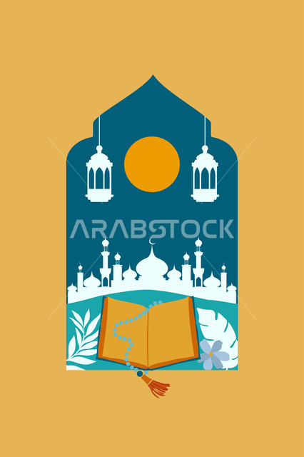 القرآن الكريم مع السبحة، أجواء رمضانية روحانية، العبادة والتقرب الى الله في رمضان المبارك، الاعياد والمناسبات الدينية، تصميم وديكور وزينة اسلامية تقليدية، بطاقة تهنئة المسلمين بقدوم العيد، رسم توضيحي لمسجد على الطراز الاسلامي مع البدر وفانوسين معلقين، خلفية بيج